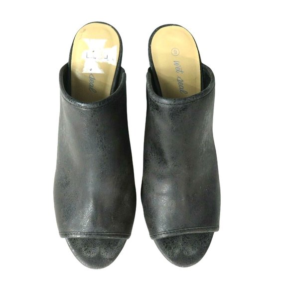 Wet Seal INDYANA Slide on Mule Heels Size 9 Black Open Toe Vegan Leather - Picture 3 of 12